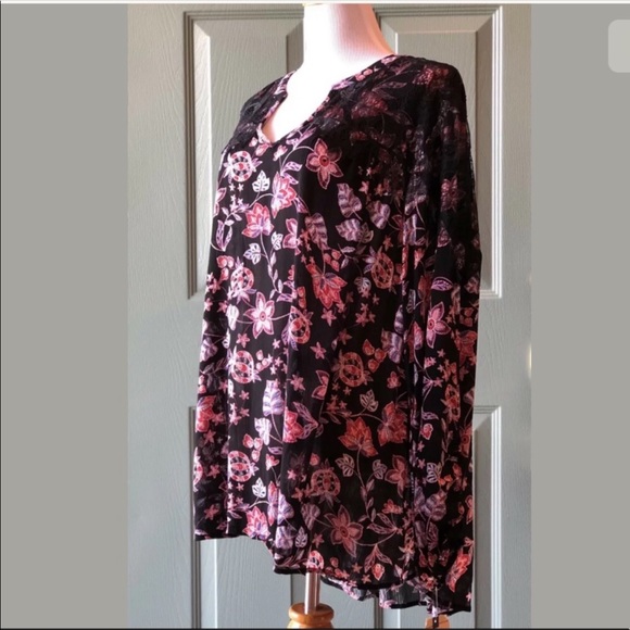 DEMOCRACY Black Floral Lace Peasant Gypsy Top 1X - Picture 5 of 8